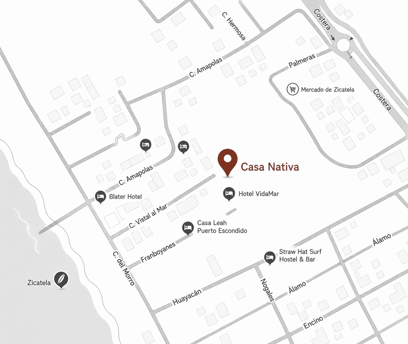 Mapa de ubicación de Casa Nativa en Zicatela